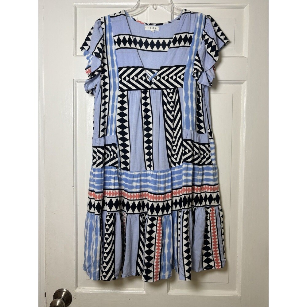 THML Blue/Black Geometric Pattern Smocked Midi Dress Colorful Boho Women’s Sz S